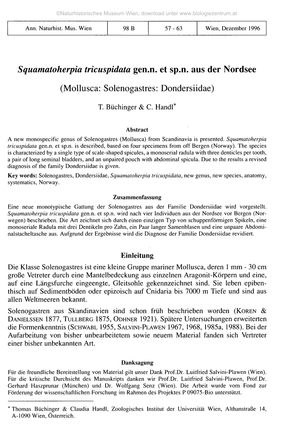 Squamatoherpia Tricuspidata Gen.N. Et Sp.N. Aus Der Nordsee (Mollusca: Solenogastres: Dondersiidae)