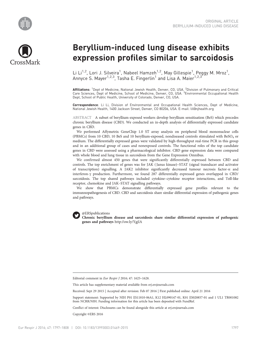 Beryllium-Induced Lung Disease Exhibits Expression Profiles Similar to Sarcoidosis