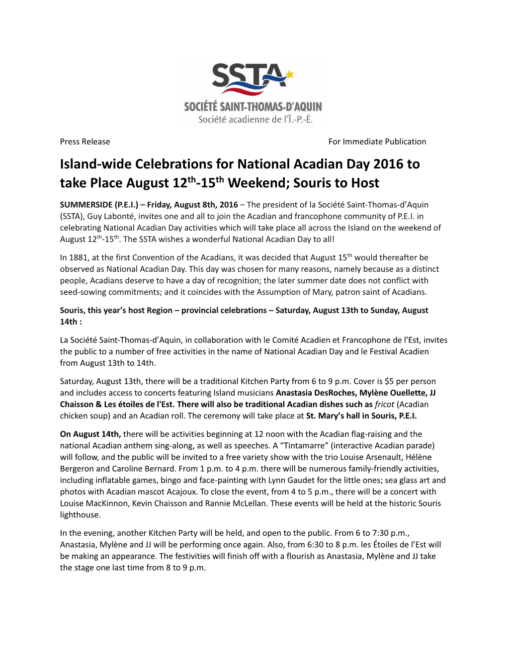Island-Wide Celebrations for National Acadian Day 2016 to Take Place August 12Th-15Th Weekend; Souris to Host