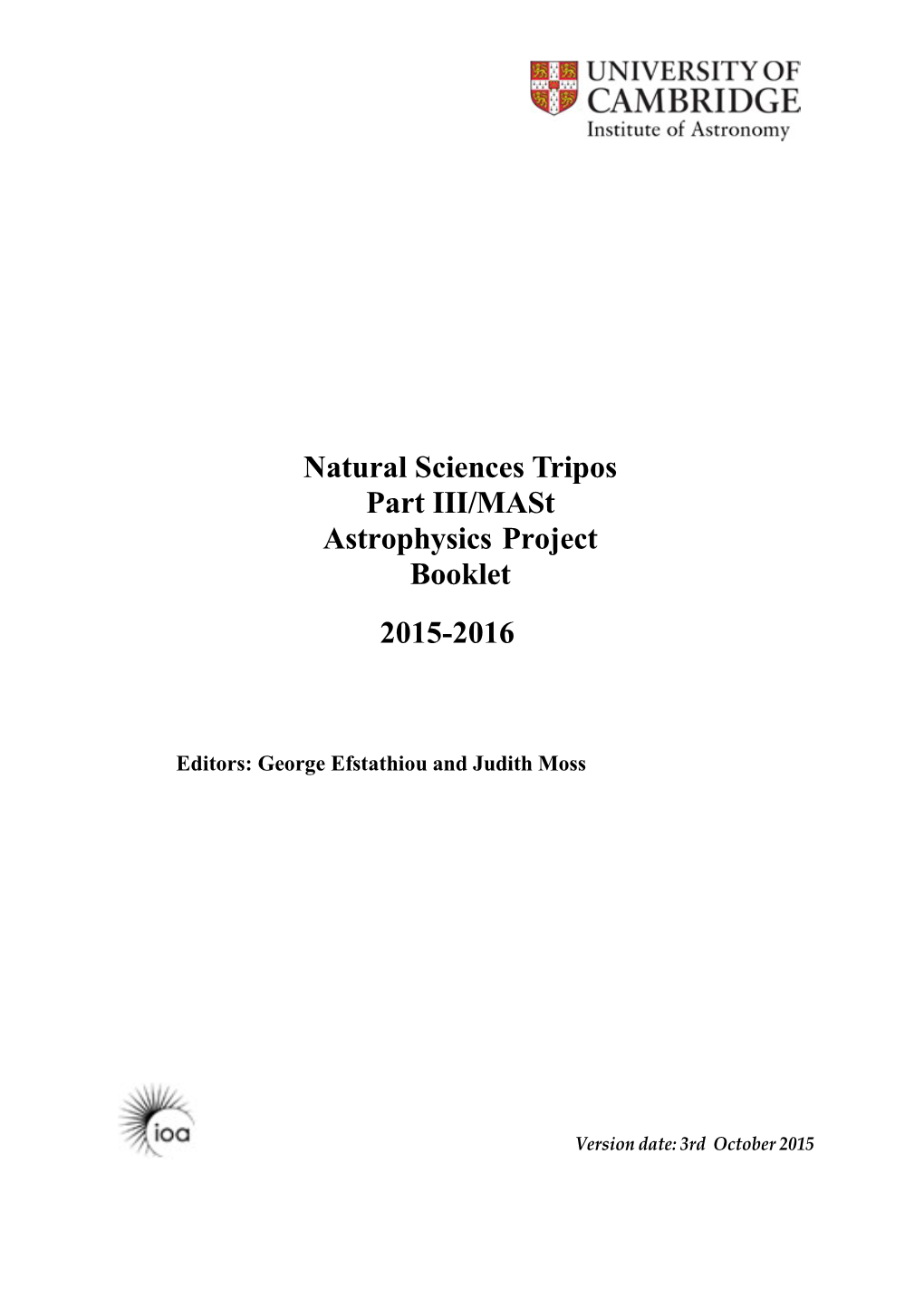 Natural Sciences Tripos Part III/Mast Astrophysics Project Booklet 2015-2016