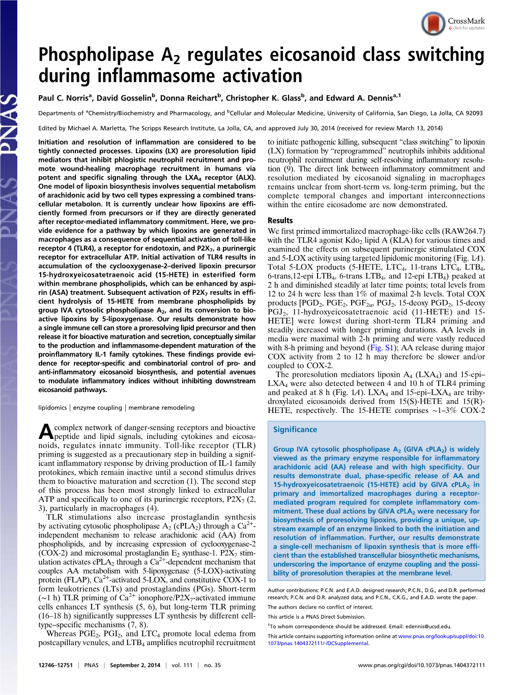 Phospholipase A2 Regulates Eicosanoid Class Switching During Inflammasome Activation