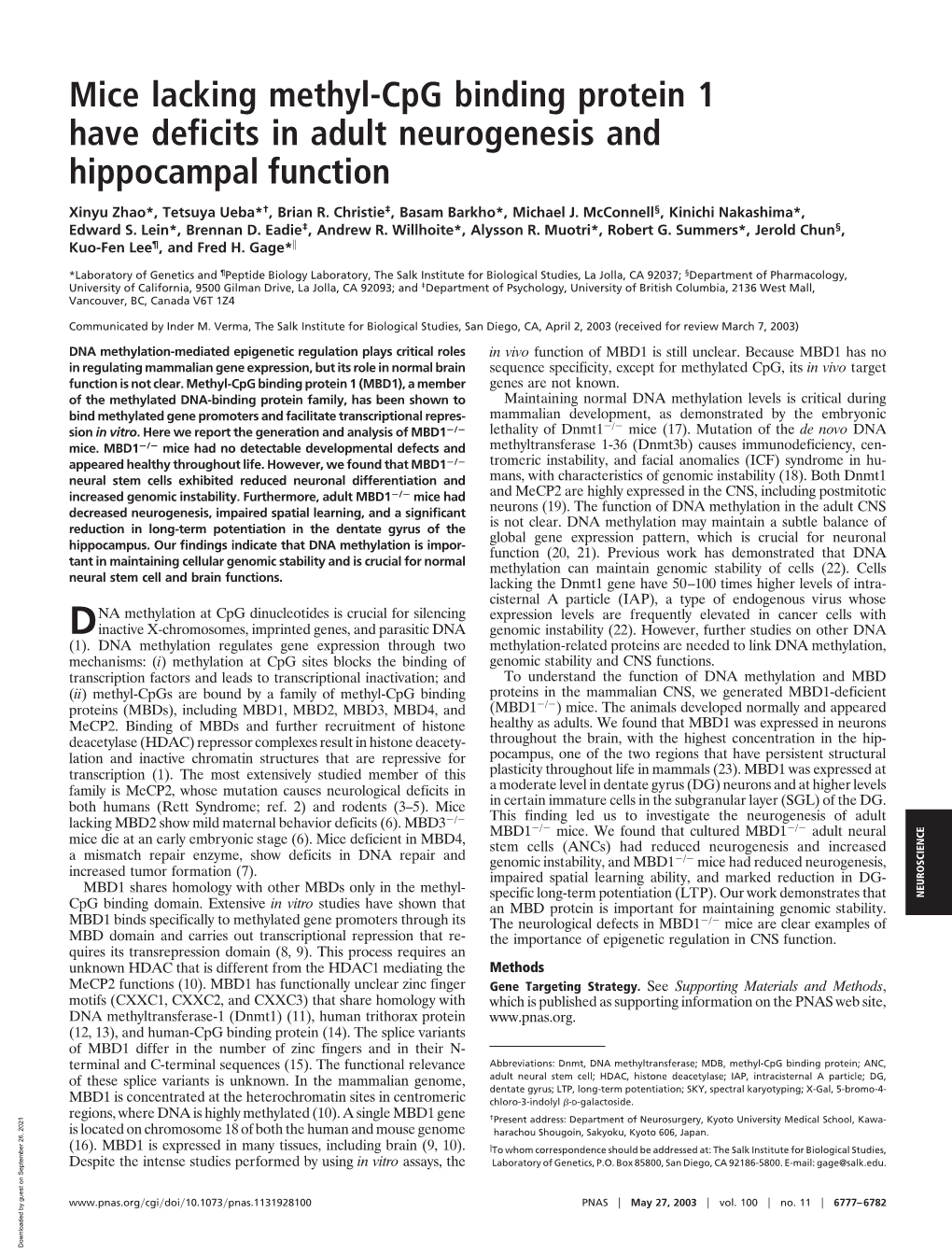 Mice Lacking Methyl-Cpg Binding Protein 1 Have Deficits in Adult Neurogenesis and Hippocampal Function