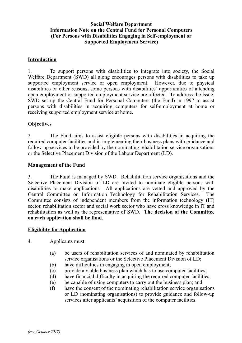 Information Note on the Central Fund for Personal Computers