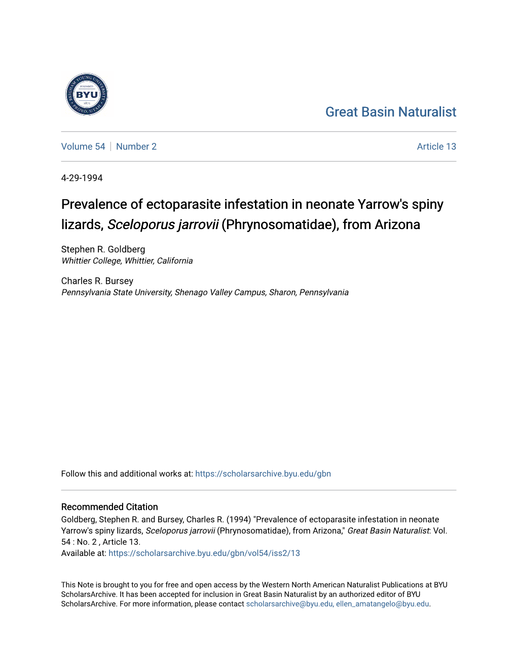 Prevalence of Ectoparasite Infestation in Neonate Yarrow's Spiny Lizards, Sceloporus Jarrovii (Phrynosomatidae), from Arizona