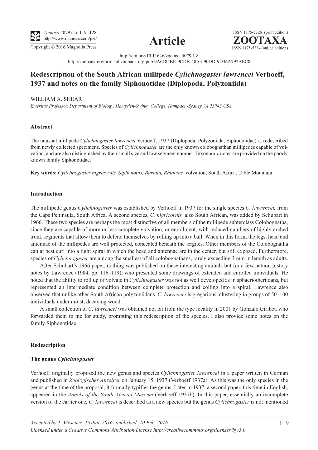 Redescription of the South African Millipede Cylichnogaster Lawrencei Verhoeff, 1937 and Notes on the Family Siphonotidae (Diplopoda, Polyzoniida)