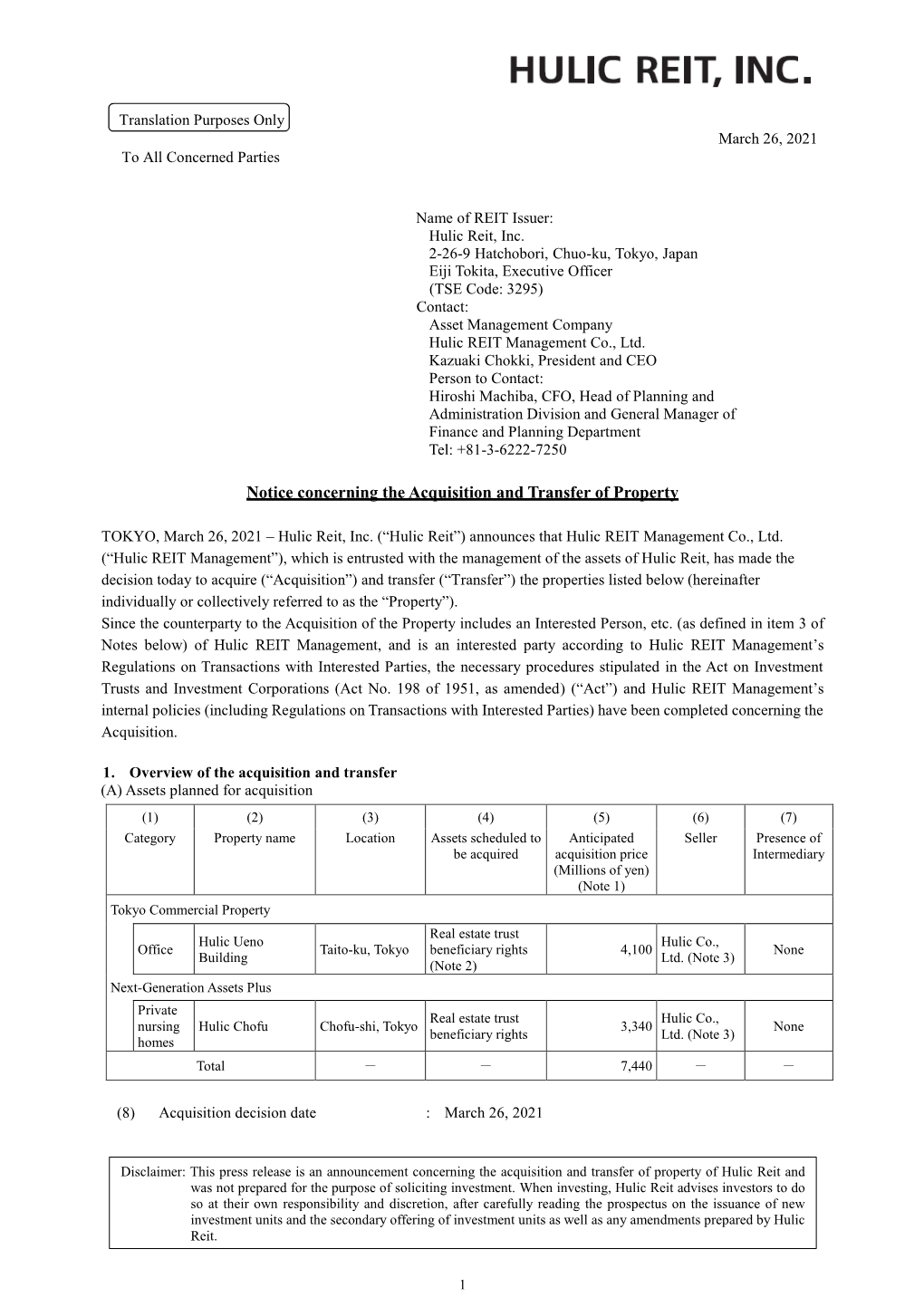 Notice Concerning the Acquisition and Transfer of Property