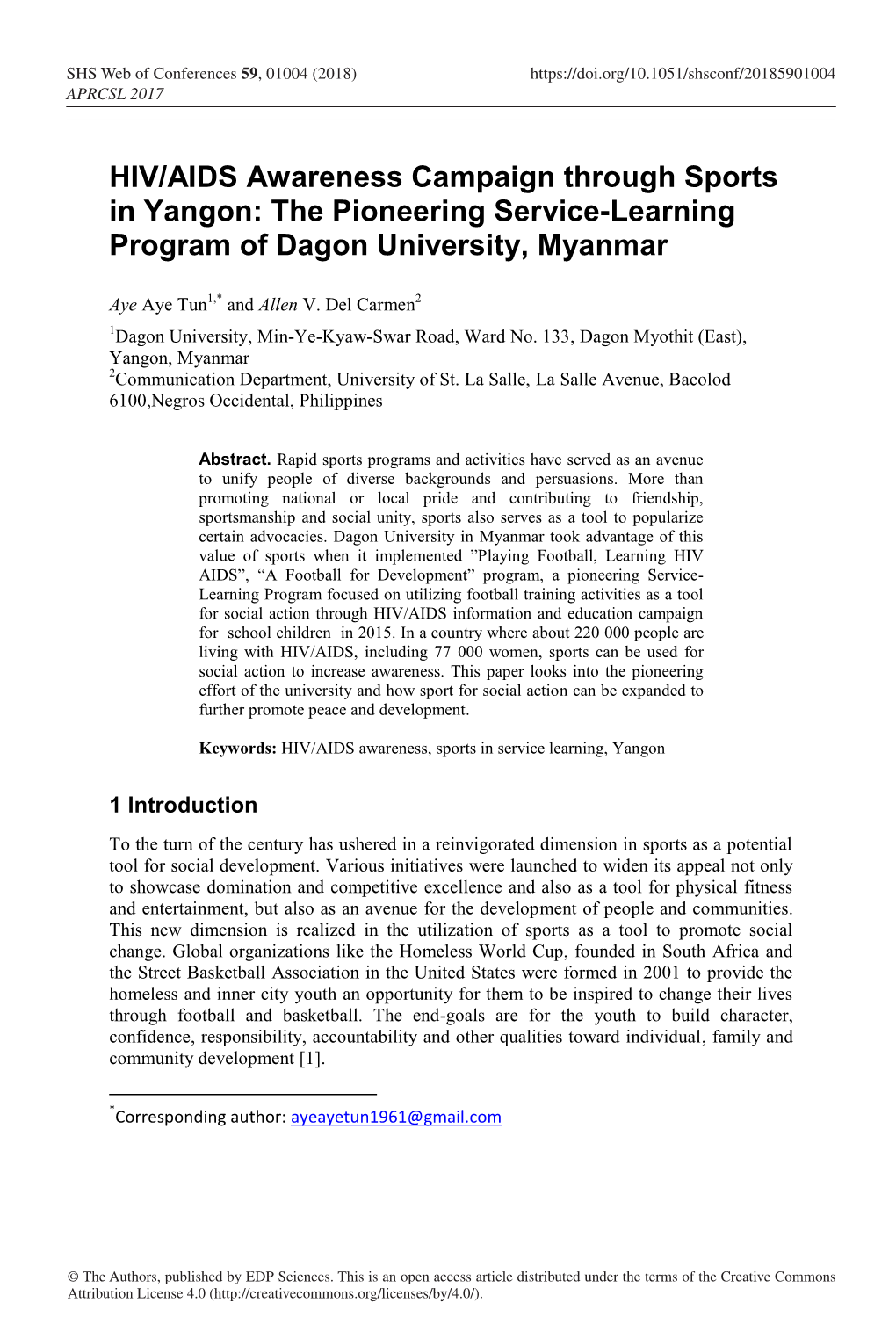 HIV/AIDS Awareness Campaign Through Sports in Yangon: the Pioneering Service-Learning Program of Dagon University, Myanmar