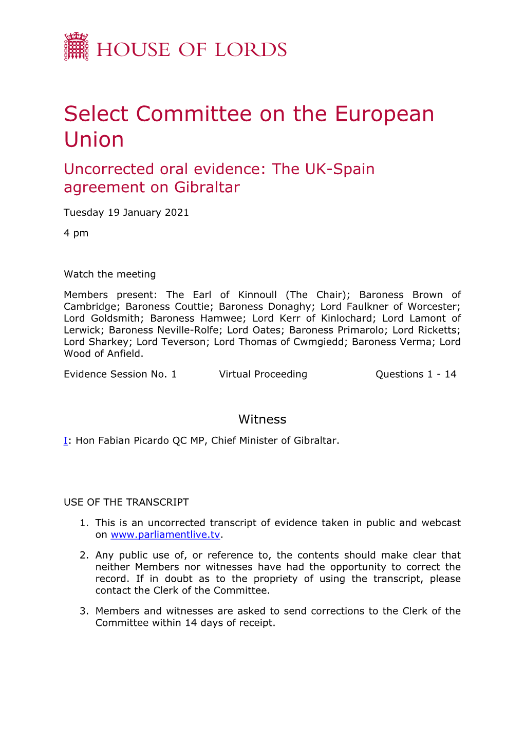 Select Committee on the European Union Uncorrected Oral Evidence: the UK-Spain Agreement on Gibraltar