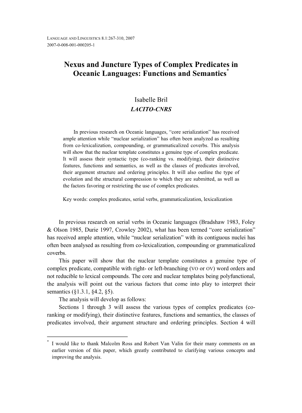 Nexus and Juncture Types of Complex Predicates in Oceanic Languages: Functions and Semantics*