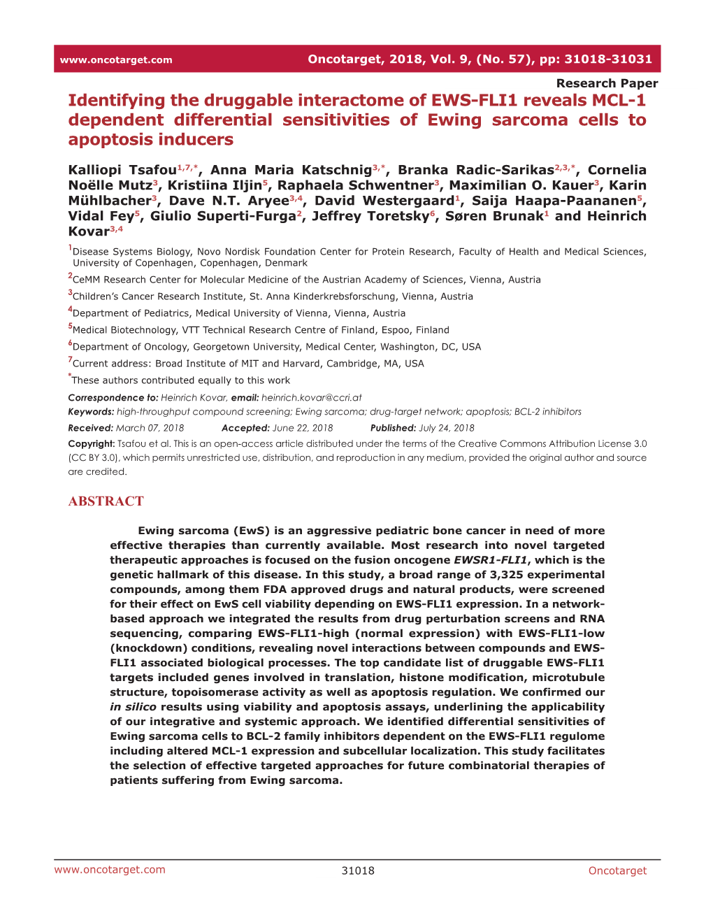 Identifying the Druggable Interactome of EWS-FLI1 Reveals MCL-1 Dependent Differential Sensitivities of Ewing Sarcoma Cells to Apoptosis Inducers