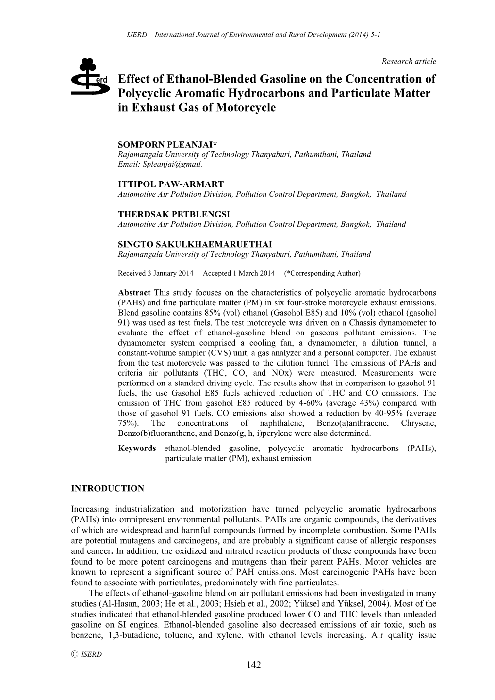 Effect of Ethanol-Blended Gasoline on the Concentration of Polycyclic Aromatic Hydrocarbons and Particulate Matter in Exhaust Gas of Motorcycle