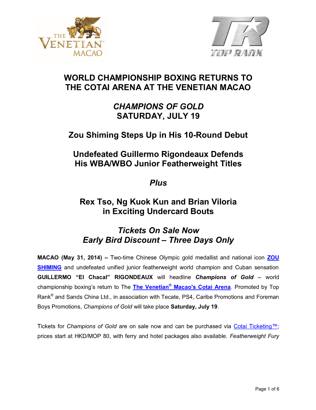 World Championship Boxing Returns to the Cotai Arena at the Venetian Macao