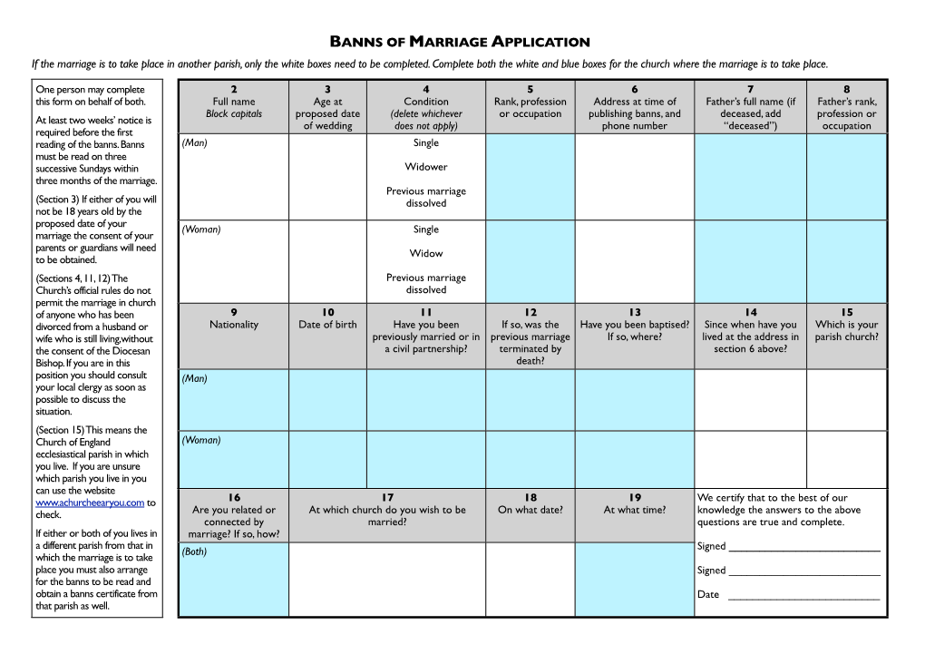 Banns and Marriage Application Form