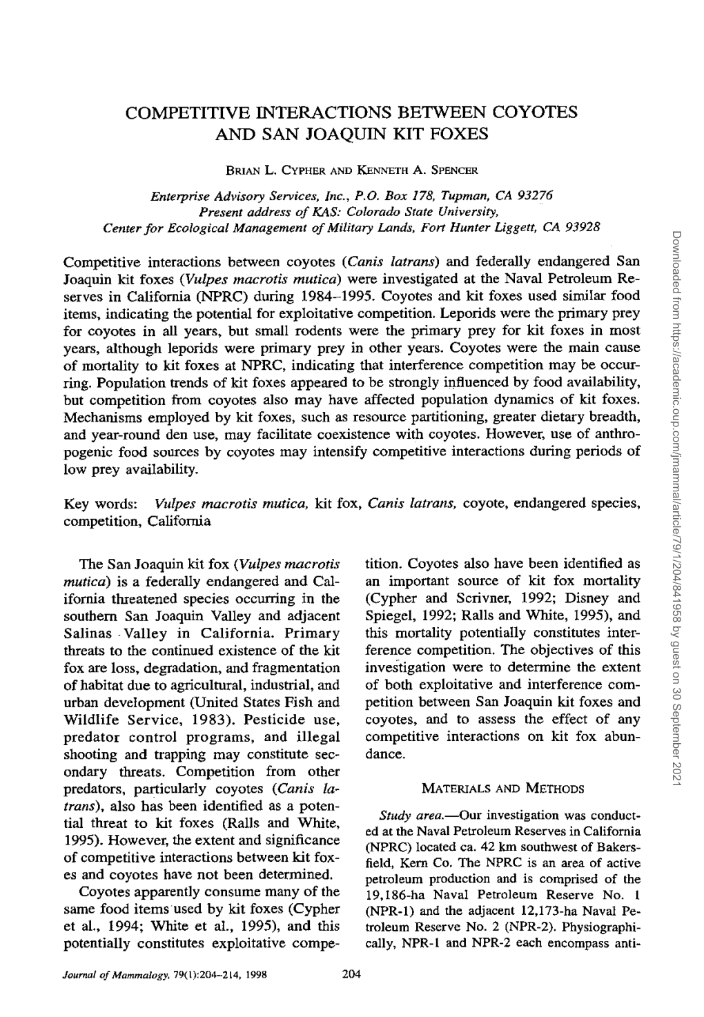 Competitive Interactions Between Coyotes and San Joaquin Kit Foxes