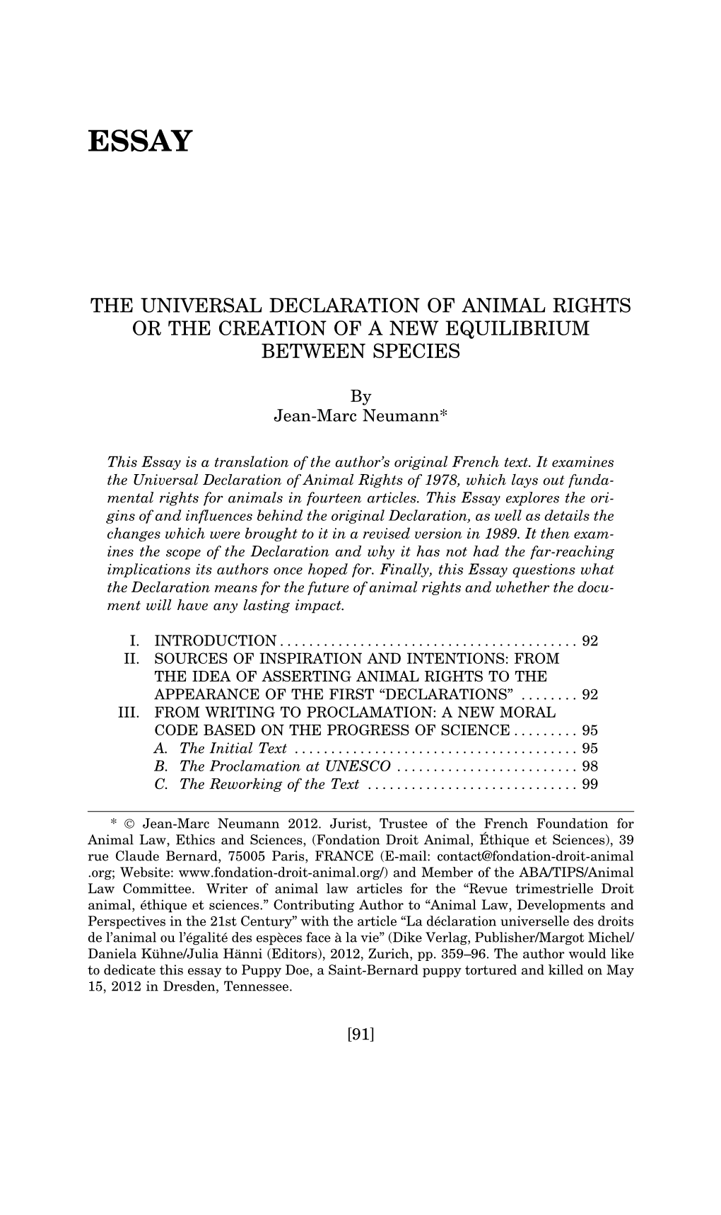 The Universal Declaration of Animal Rights Or the Creation of a New Equilibrium Between Species