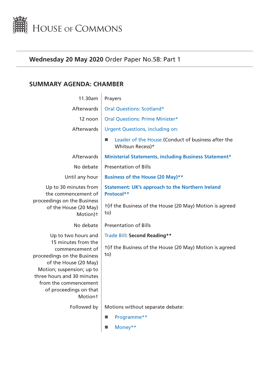 Order Paper for Wed 20 May 2020