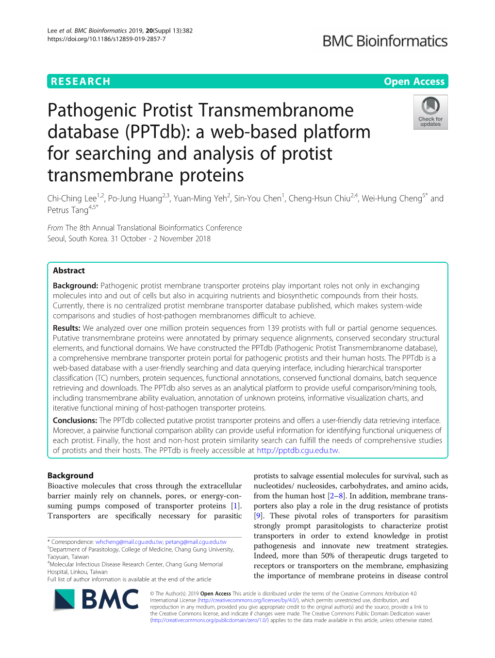 Pathogenic Protist Transmembranome Database (Pptdb): a Web-Based Platform for Searching and Analysis of Protist Transmembrane Pr