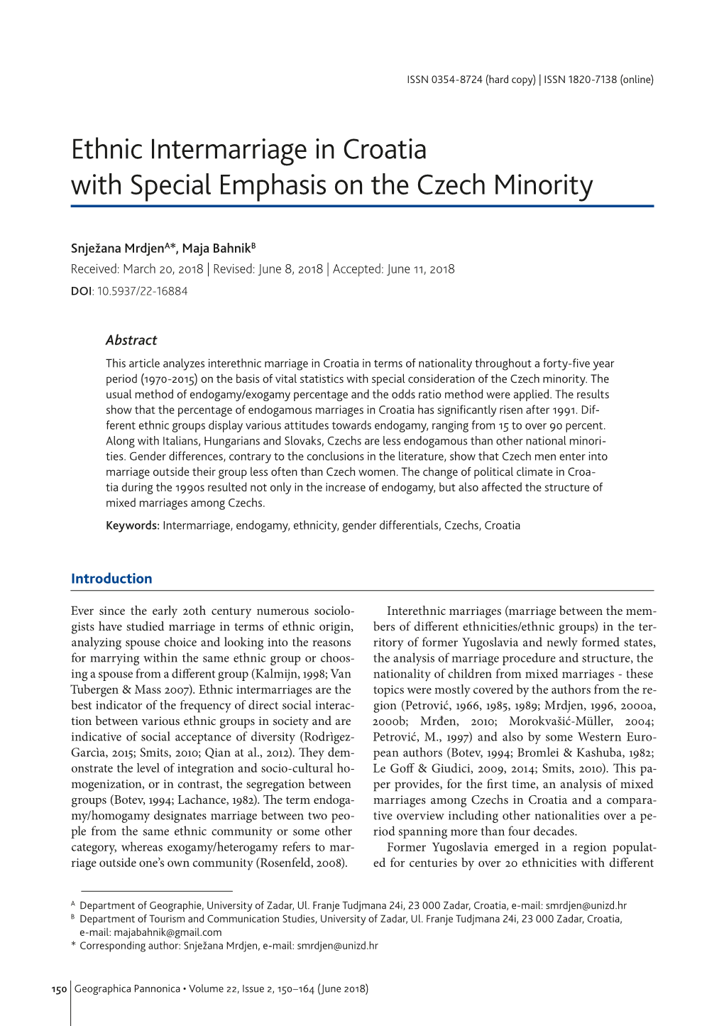 Ethnic Intermarriage in Croatia with Special Emphasis on the Czech Minority