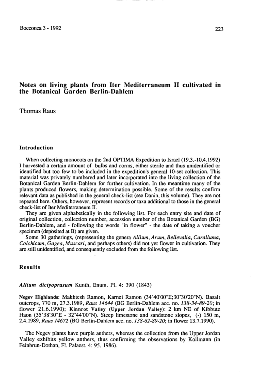 Notes on Iiving Plants from Iter Mediterraneum II Cultivated in the Botanical Garden Berlin-Dahlem