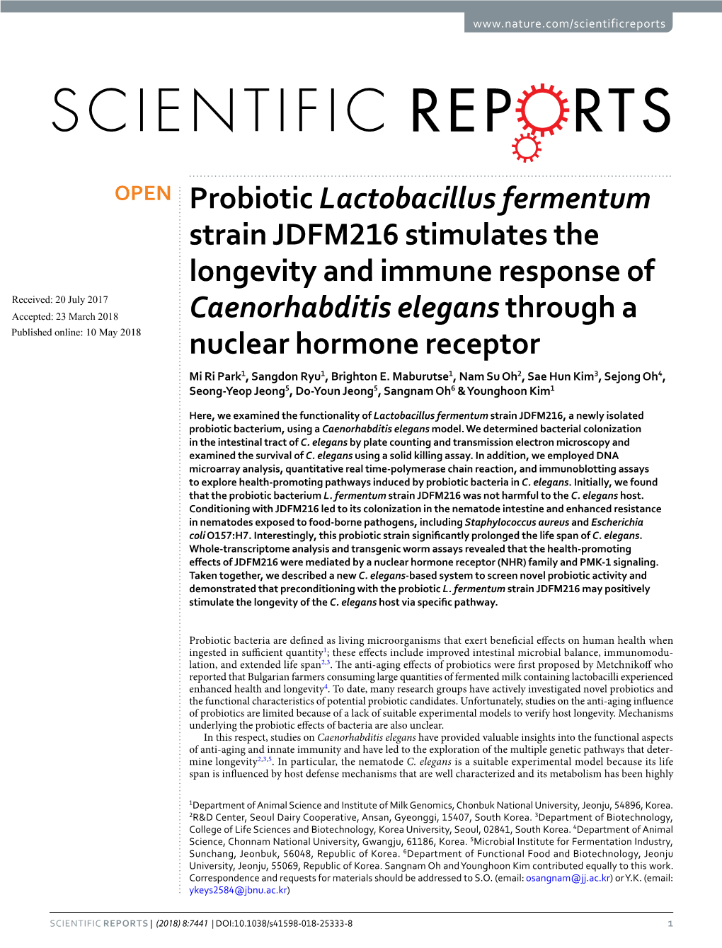 Probiotic Lactobacillus Fermentum Strain JDFM216 Stimulates the Longevity and Immune Response of Caenorhabditis Elegans Through