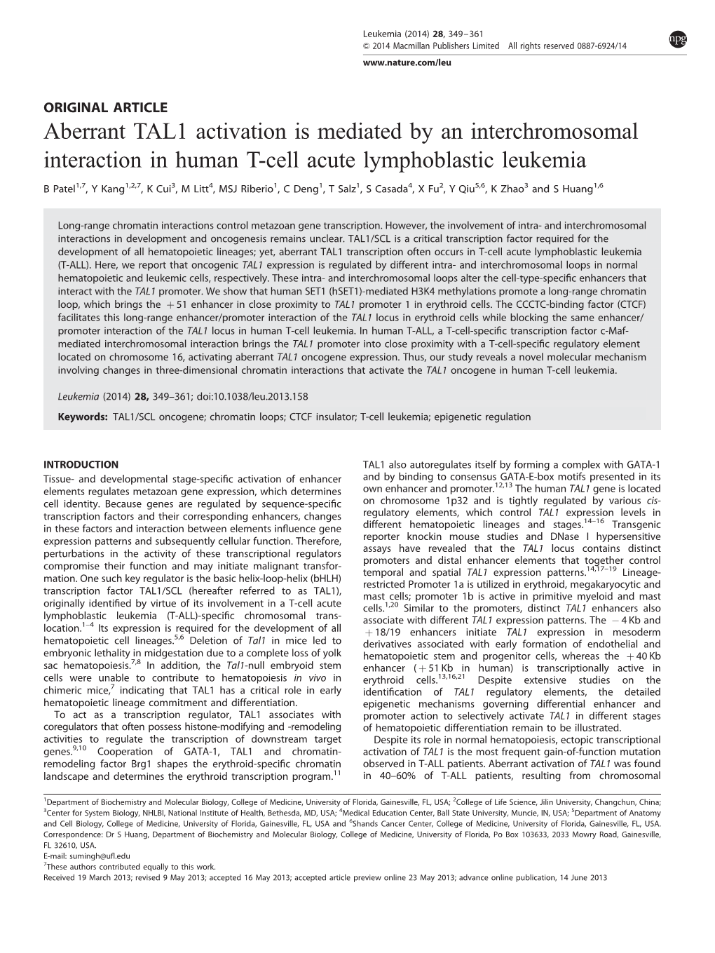 Aberrant TAL1 Activation Is Mediated by an Interchromosomal Interaction in Human T-Cell Acute Lymphoblastic Leukemia