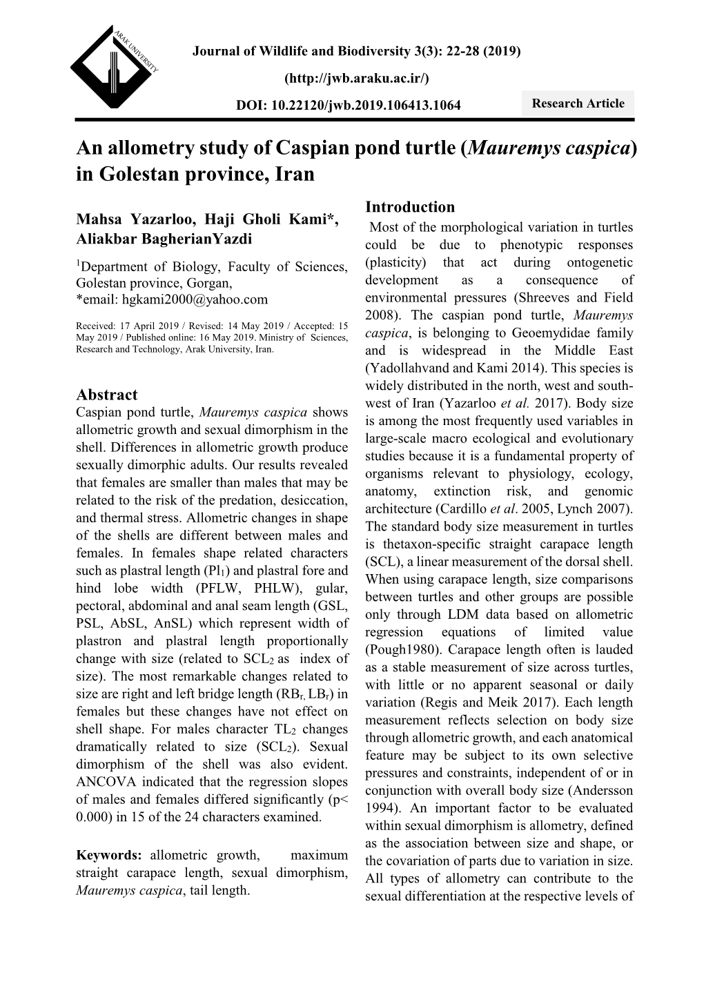 An Allometry Study of Caspian Pond Turtle (Mauremys Caspica) in Golestan Province, Iran