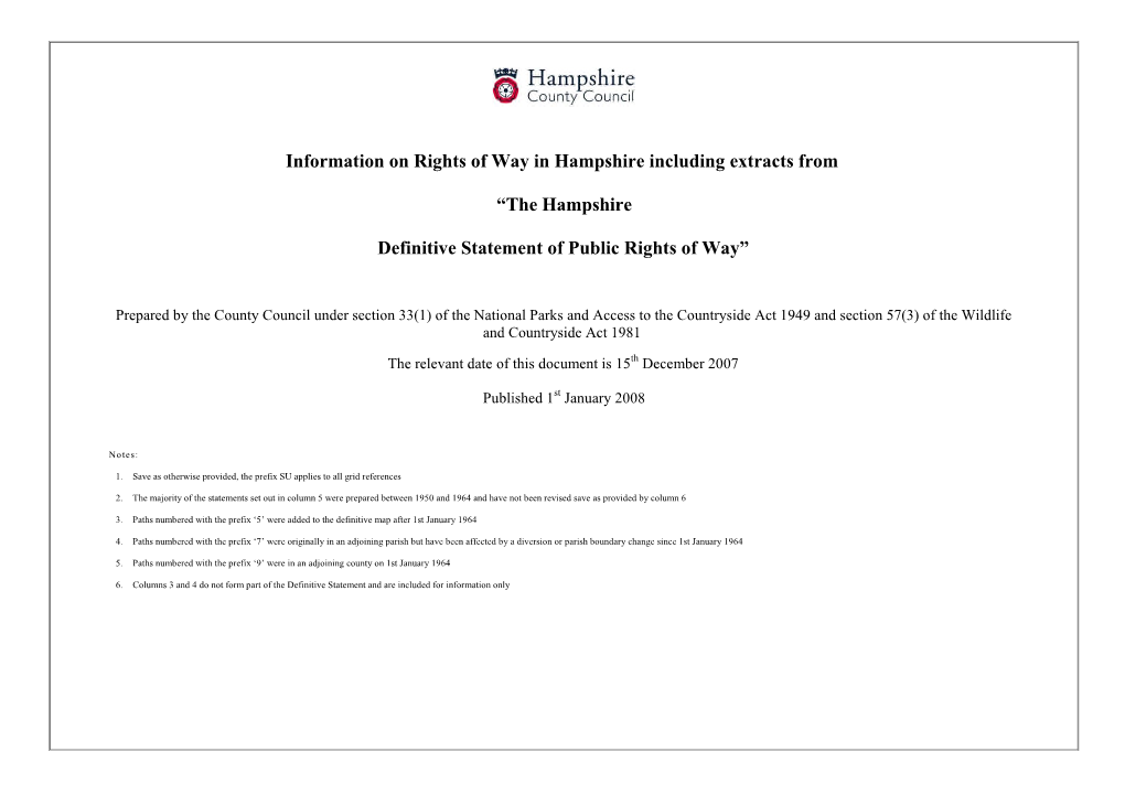 Information on Rights of Way in Hampshire Including Extracts from “The Hampshire Definitive Statement of Public Rights Of