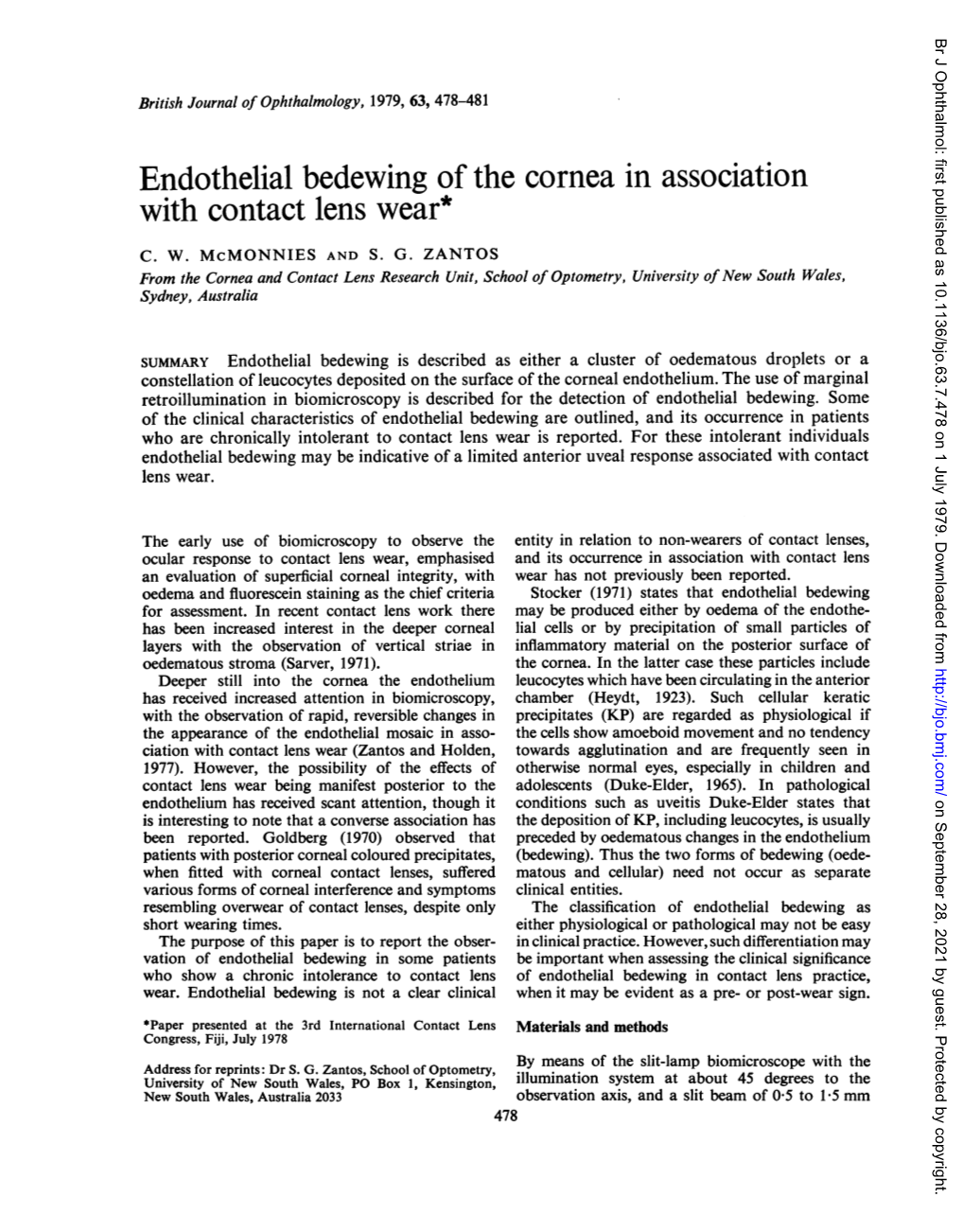 Endothelial Bedewing of the Cornea in Association with Contact Lens Wear*