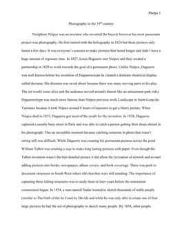 Phelps 1 Photography in the 19Th Century Nicéphore Niépce Was an Inventor Who Invented the Bicycle However His Most Passionate