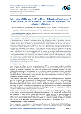 Integration of HIV and AIDS in Higher Education Curriculum: a Case Study of an HIV Course in the School of Education of the University of Zambia