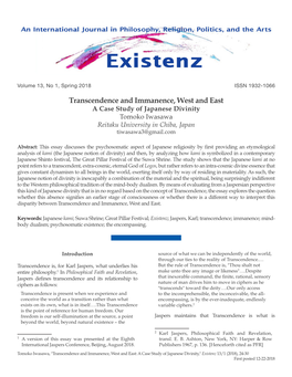 Transcendence and Immanence, West and East a Case Study of Japanese Divinity Tomoko Iwasawa Reitaku University in Chiba, Japan Tiwasawa3@Gmail.Com