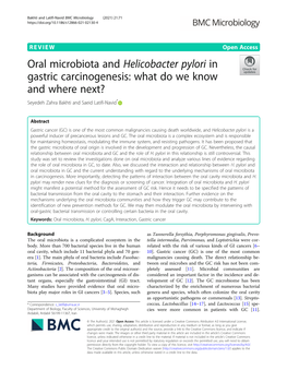 Oral Microbiota and Helicobacter Pylori in Gastric Carcinogenesis: What Do We Know and Where Next? Seyedeh Zahra Bakhti and Saeid Latifi-Navid*
