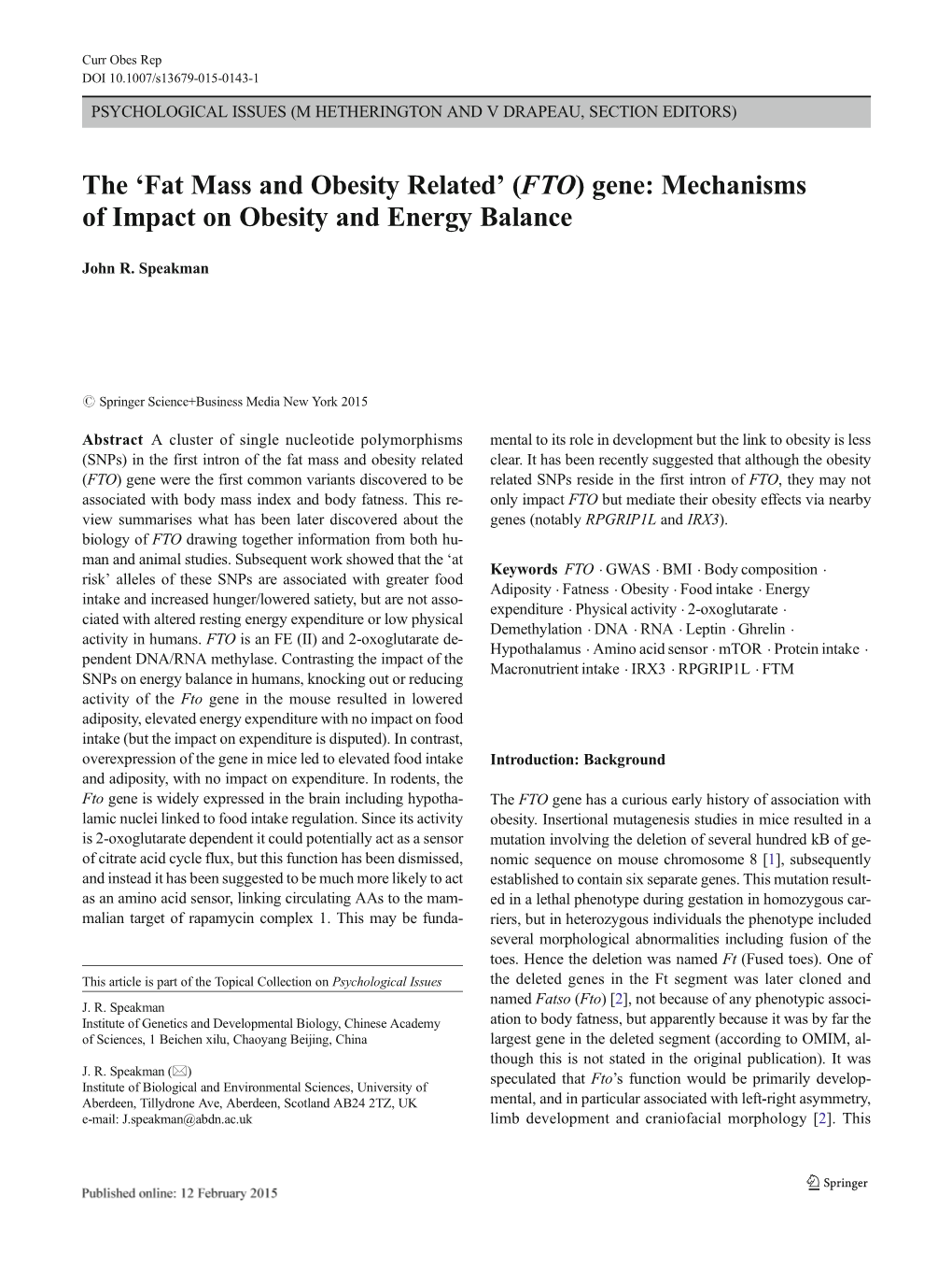 (FTO) Gene: Mechanisms of Impact on Obesity and Energy Balance