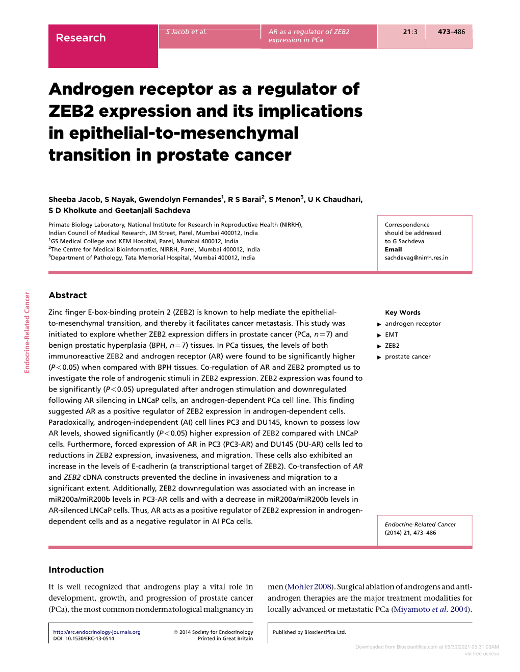 Androgen Receptor As a Regulator of ZEB2 Expression and Its Implications in Epithelial-To-Mesenchymal Transition in Prostate Cancer