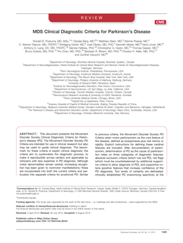 MDS Clinical Diagnostic Criteria for Parkinson's Disease