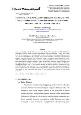 1 Tanggung Jawab Pengangkut Terhadap Penumpang Yang Tidak Terdaftar Dalam Manifes (Studi Kasus Jatuhnya Pesawat Lion Air Jt