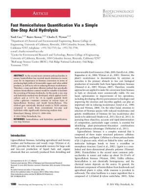Fast Hemicellulose Quantification Via a Simple Onestep Acid Hydrolysis