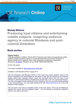 Imagining Audience Agency in Colonial Rhodesia and Post- Colonial Zimbabwe