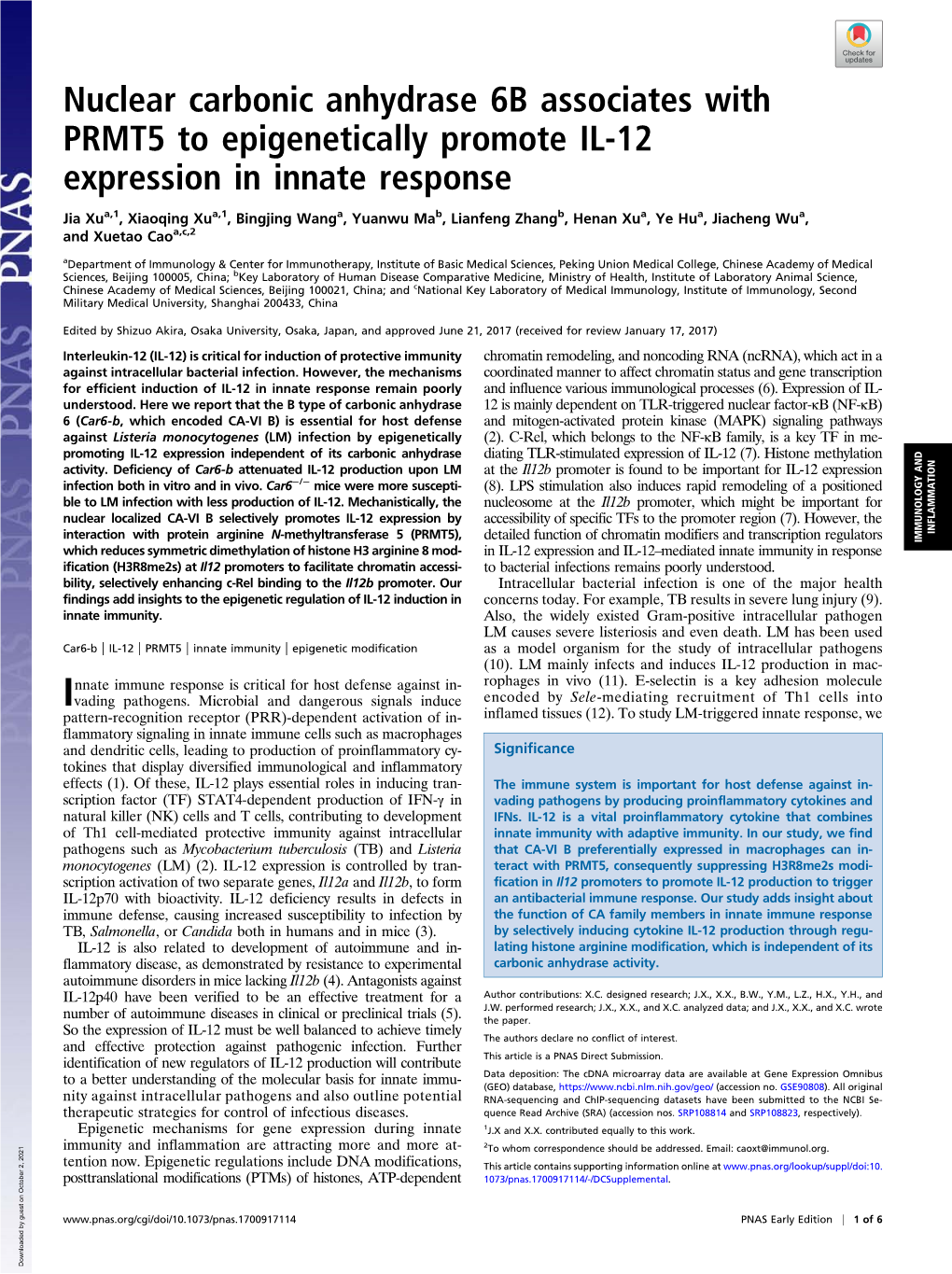 Nuclear Carbonic Anhydrase 6B Associates with PRMT5 to Epigenetically Promote IL-12 Expression in Innate Response