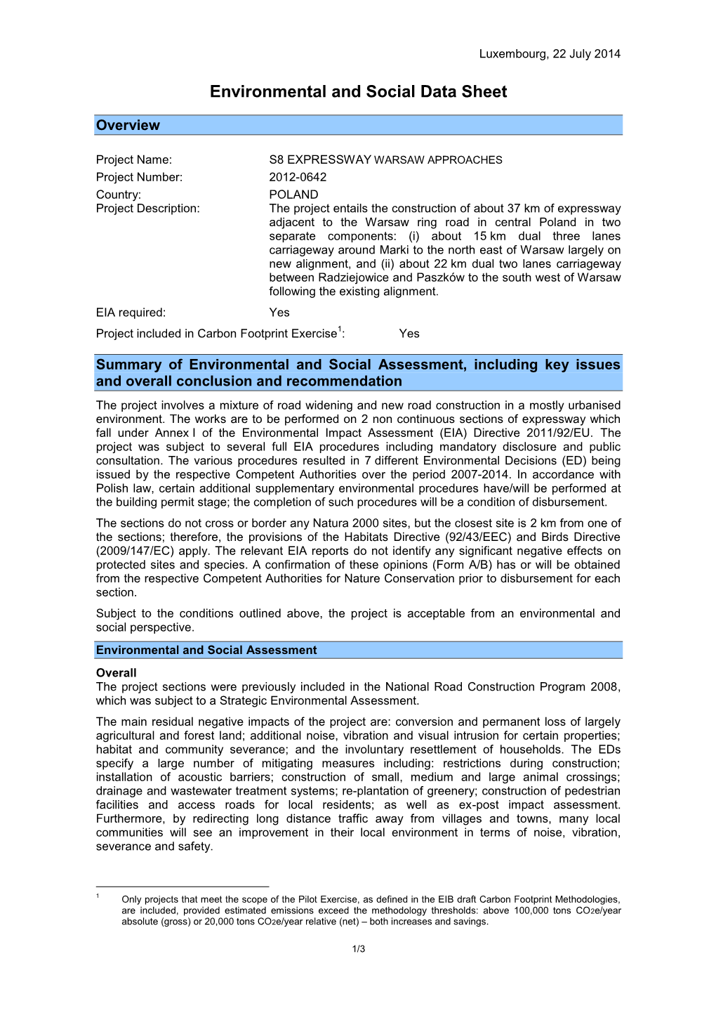 Environmental and Social Data Sheet