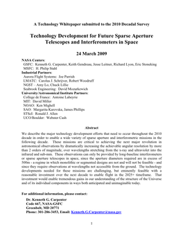 Technology Development for Future Sparse Aperture Telescopes and Interferometers in Space
