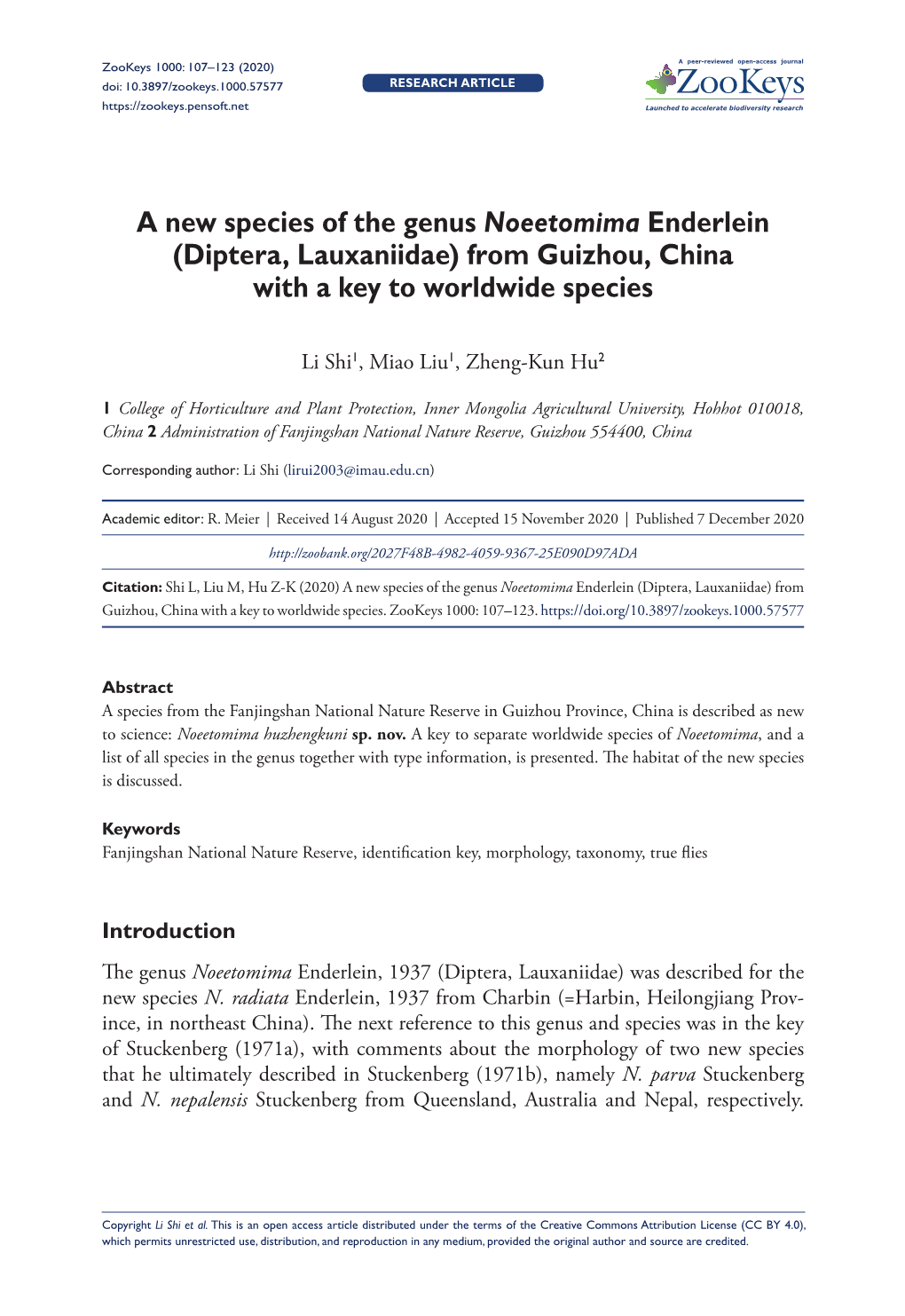 A New Species of the Genus Noeetomima Enderlein (Diptera, Lauxaniidae) from Guizhou, China with a Key to Worldwide Species