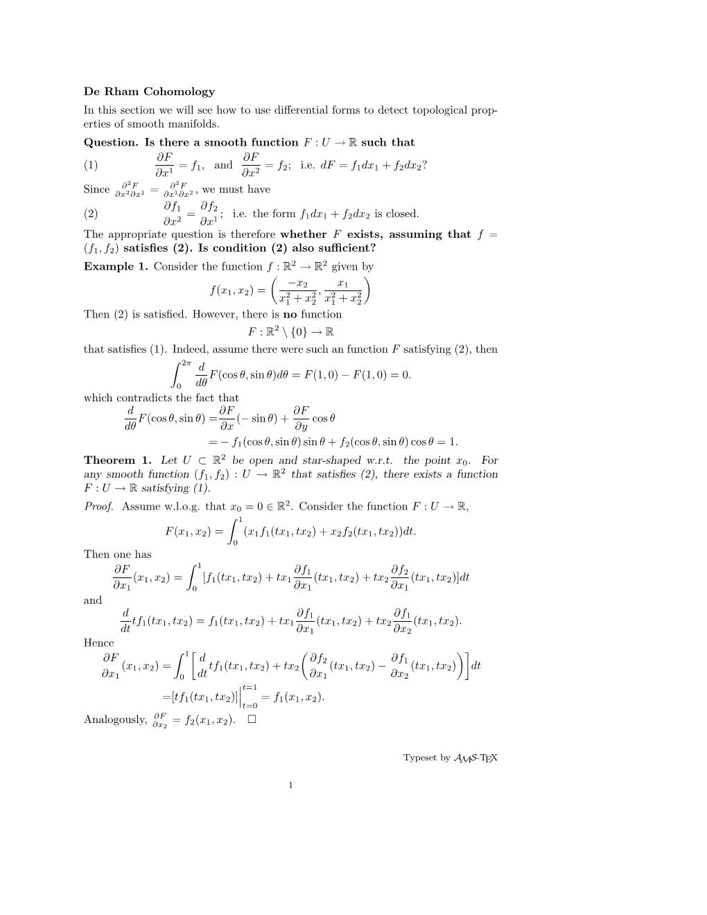 De Rham Cohomology in This Section We Will See How to Use Differential