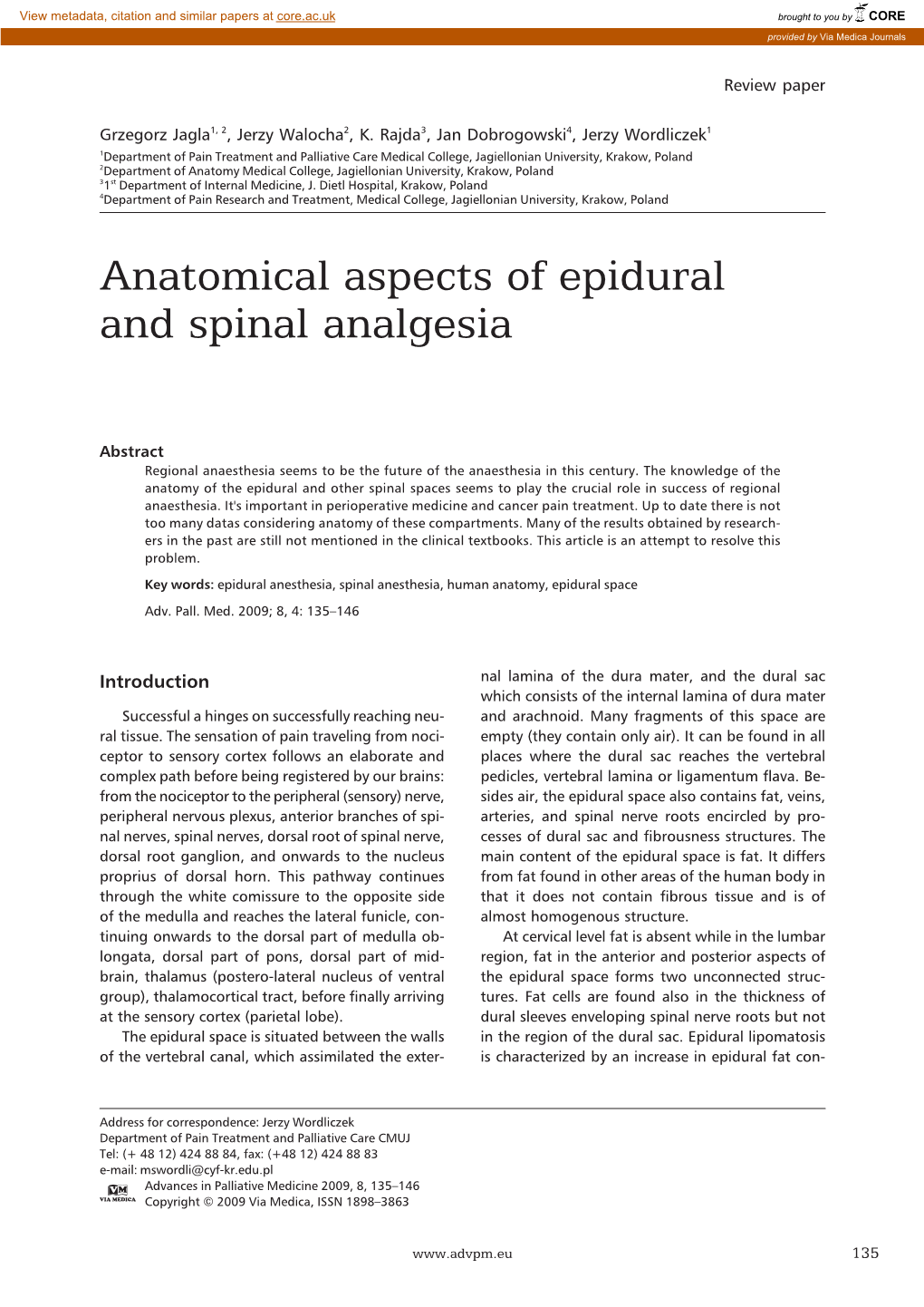 Anatomical Aspects of Epidural and Spinal Analgesia