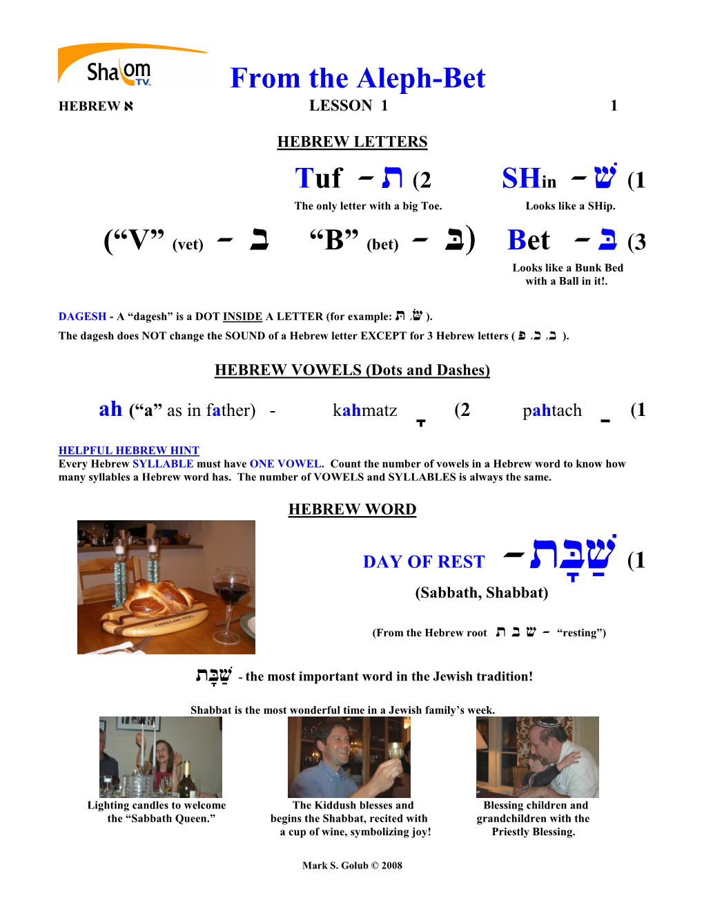 From the Aleph-Bet HEBREW T LESSON 1 1 � � HEBREW LETTERS 