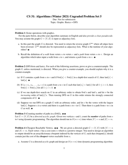 Algorithms (Winter 2021) Ungraded Problem Set 5 Due: Not for Submission Topic: Graphs: Basics + DFS