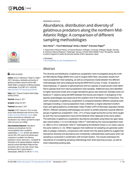 Abundance, Distribution and Diversity of Gelatinous Predators Along the Northern Mid- Atlantic Ridge: a Comparison of Different Sampling Methodologies