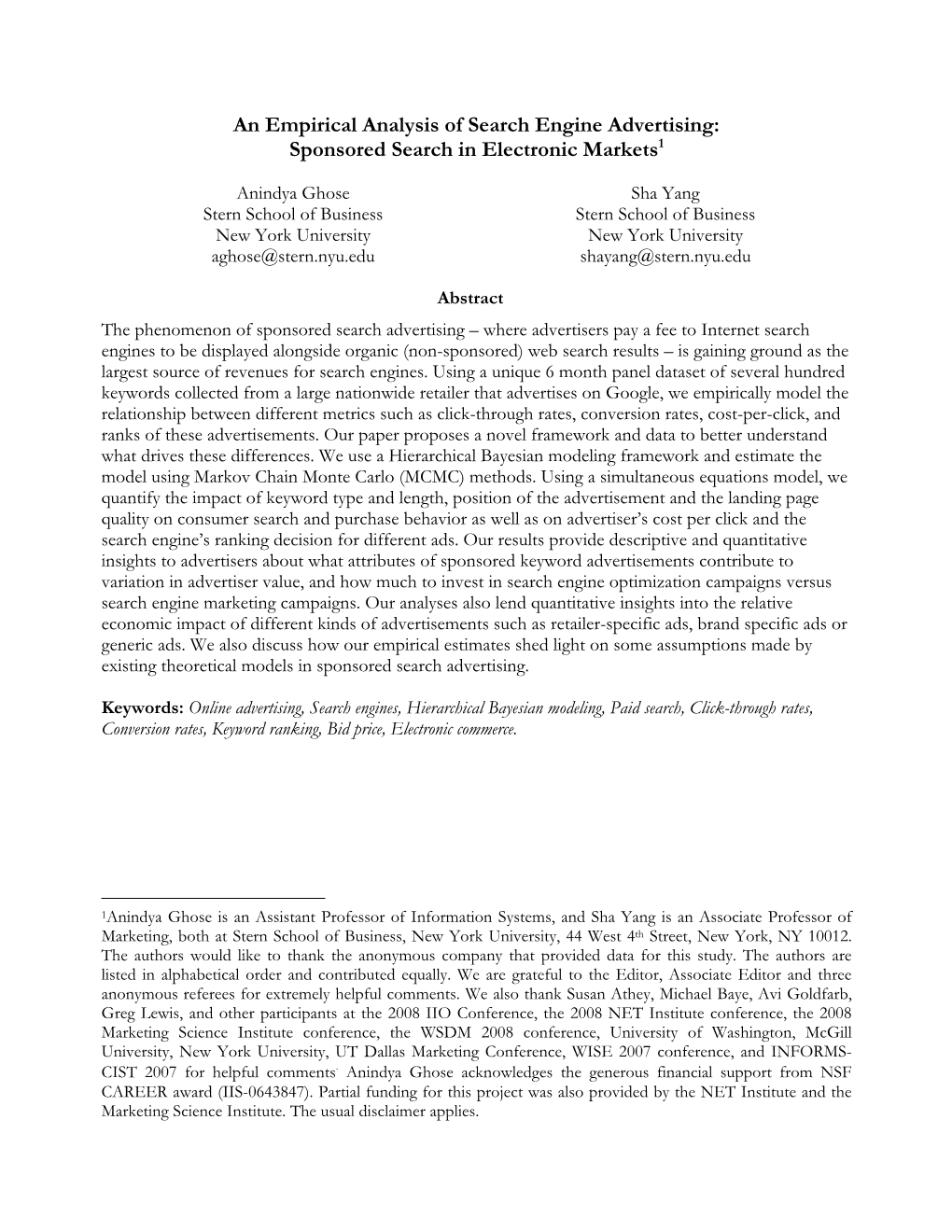 An Empirical Analysis of Search Engine Advertising: Sponsored Search in Electronic Markets1