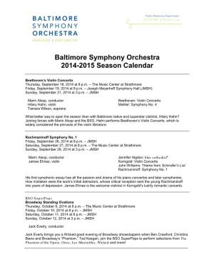 Baltimore Symphony Orchestra 2014-2015 Season Calendar