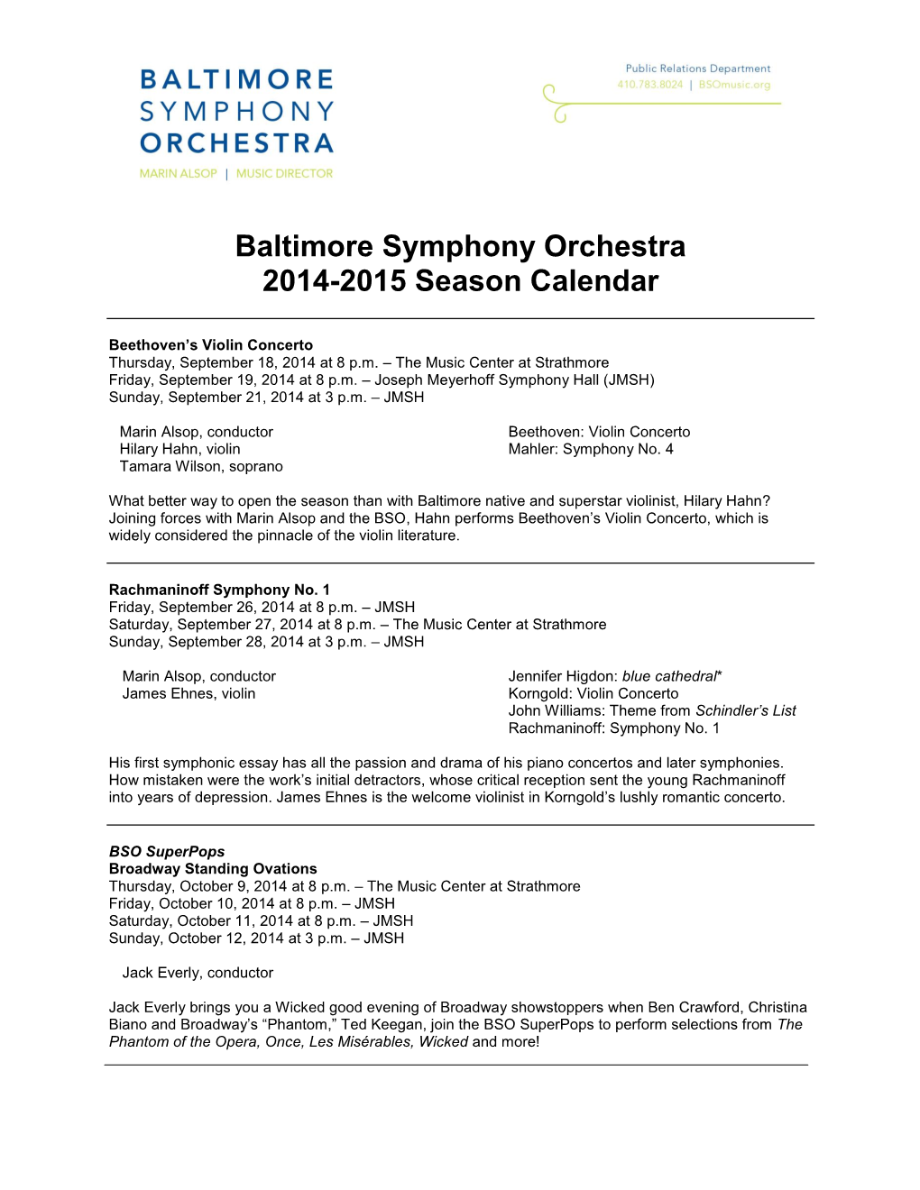 Baltimore Symphony Orchestra 2014-2015 Season Calendar